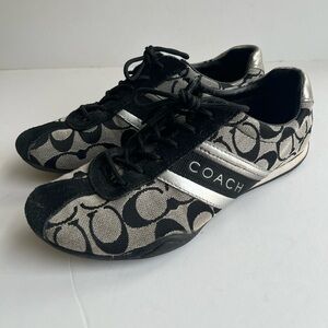 Coach Jayme Signature Sneaker Shoe Black Gray Silver Metallic Suede Size 7.5M